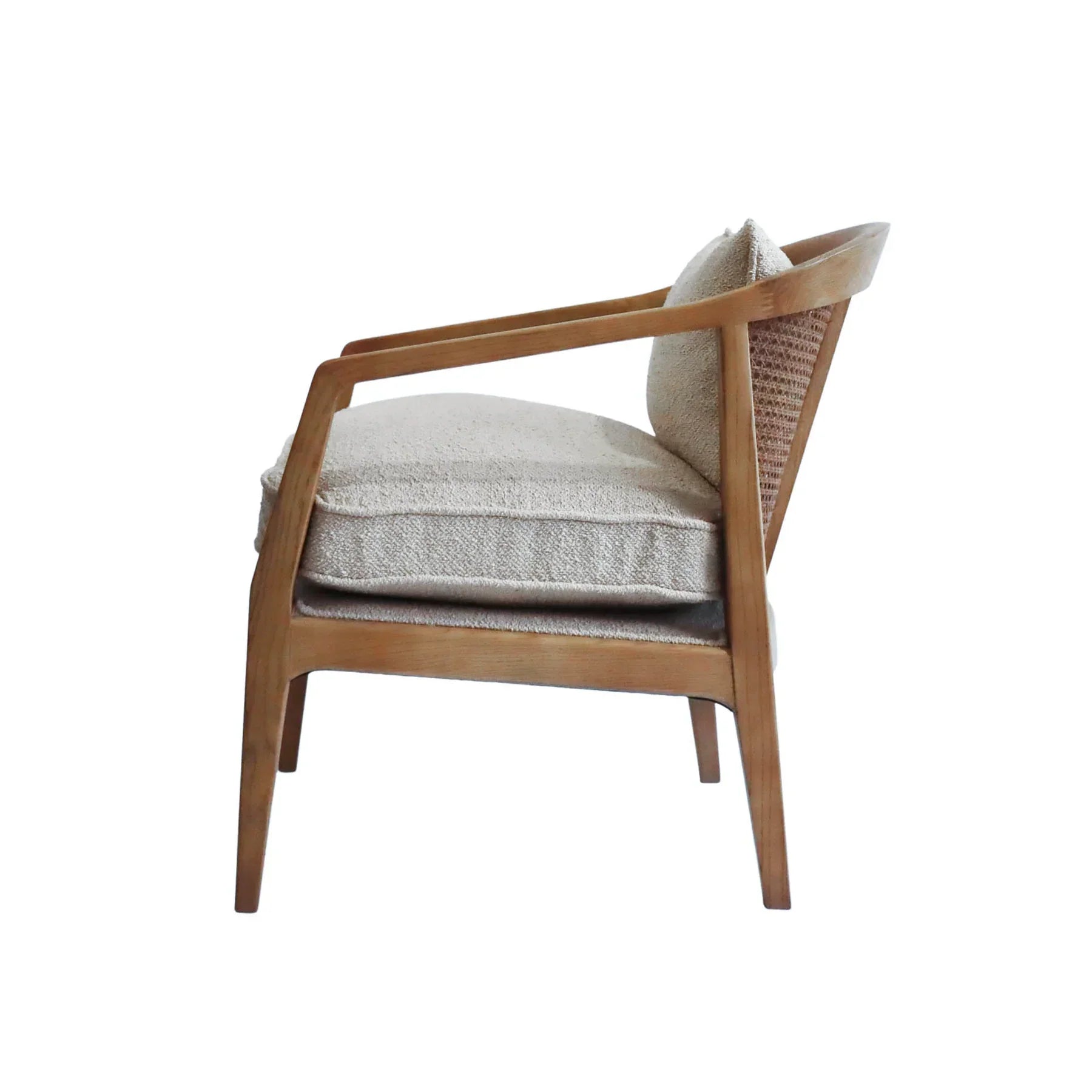 Rear angled view highlighting the wrap-around wooden frame and natural cane texture