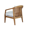 Side profile emphasizing the slanted backrest and the clean lines of the wooden armrests