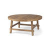 Three-quarter perspective highlighting the thick circular tabletop and the architectural wooden support frame