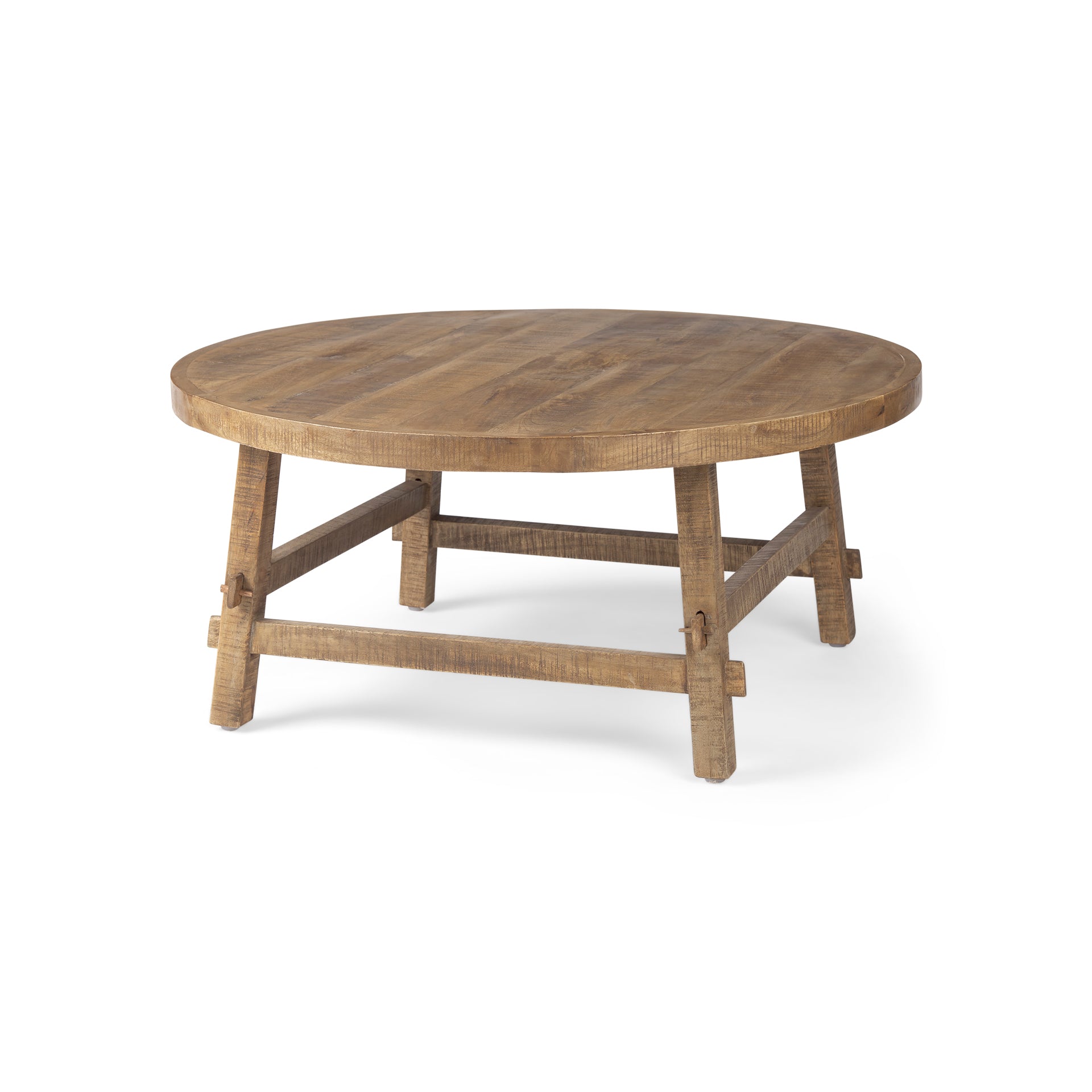 Three-quarter perspective highlighting the thick circular tabletop and the architectural wooden support frame