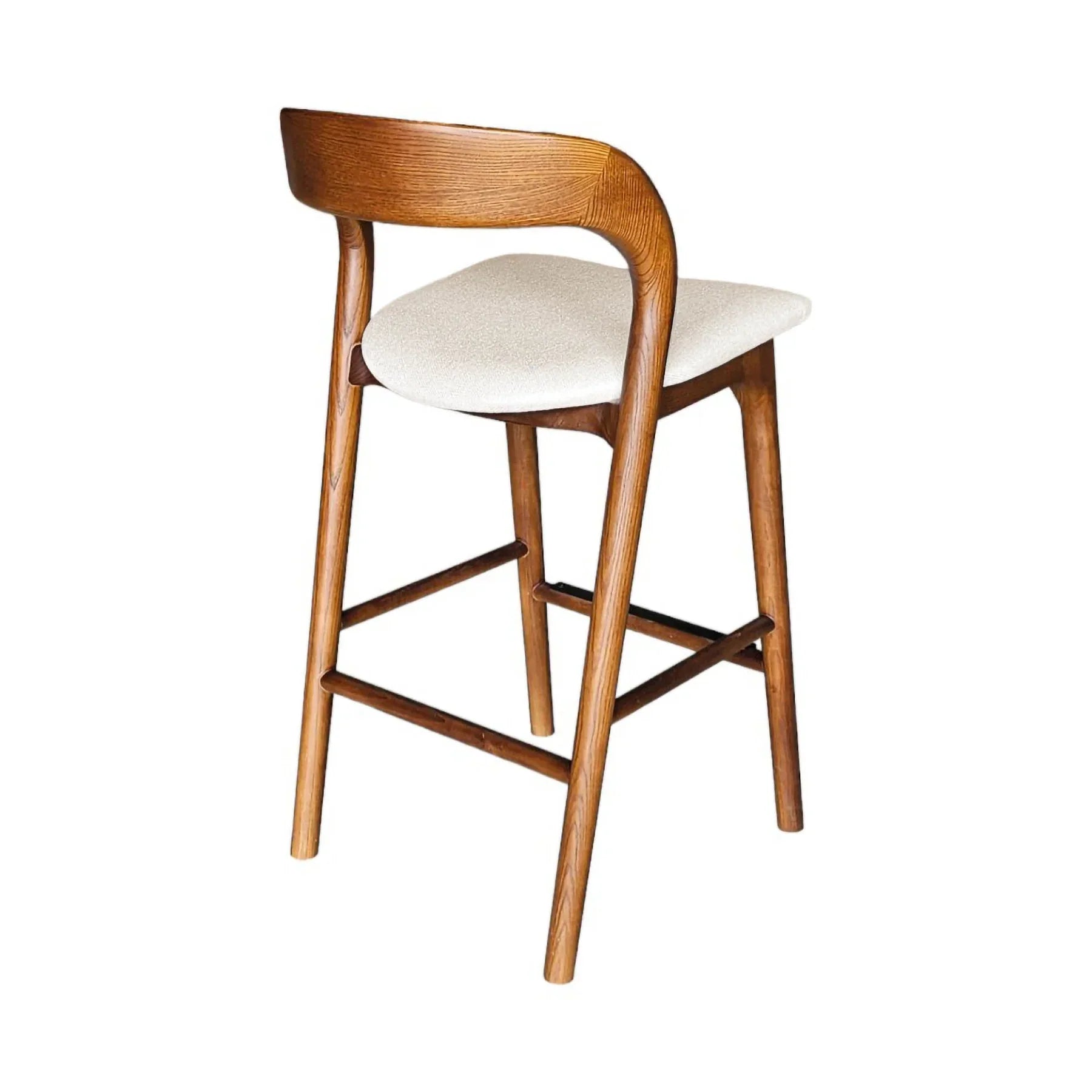 Rotondo counter stool with a curved walnut wood frame and cream upholstered seat