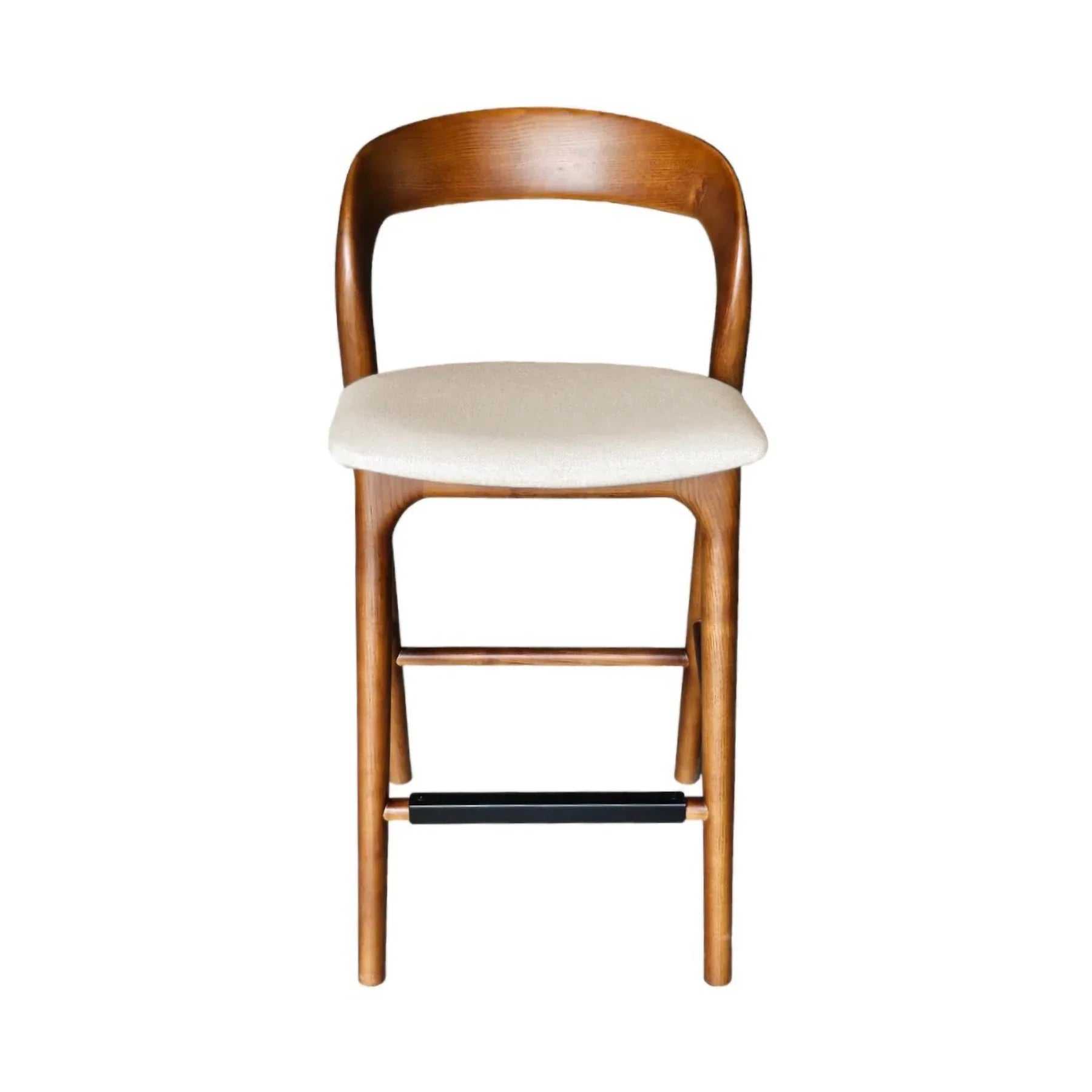 Rotondo counter stool with a curved walnut wood frame and cream upholstered seat