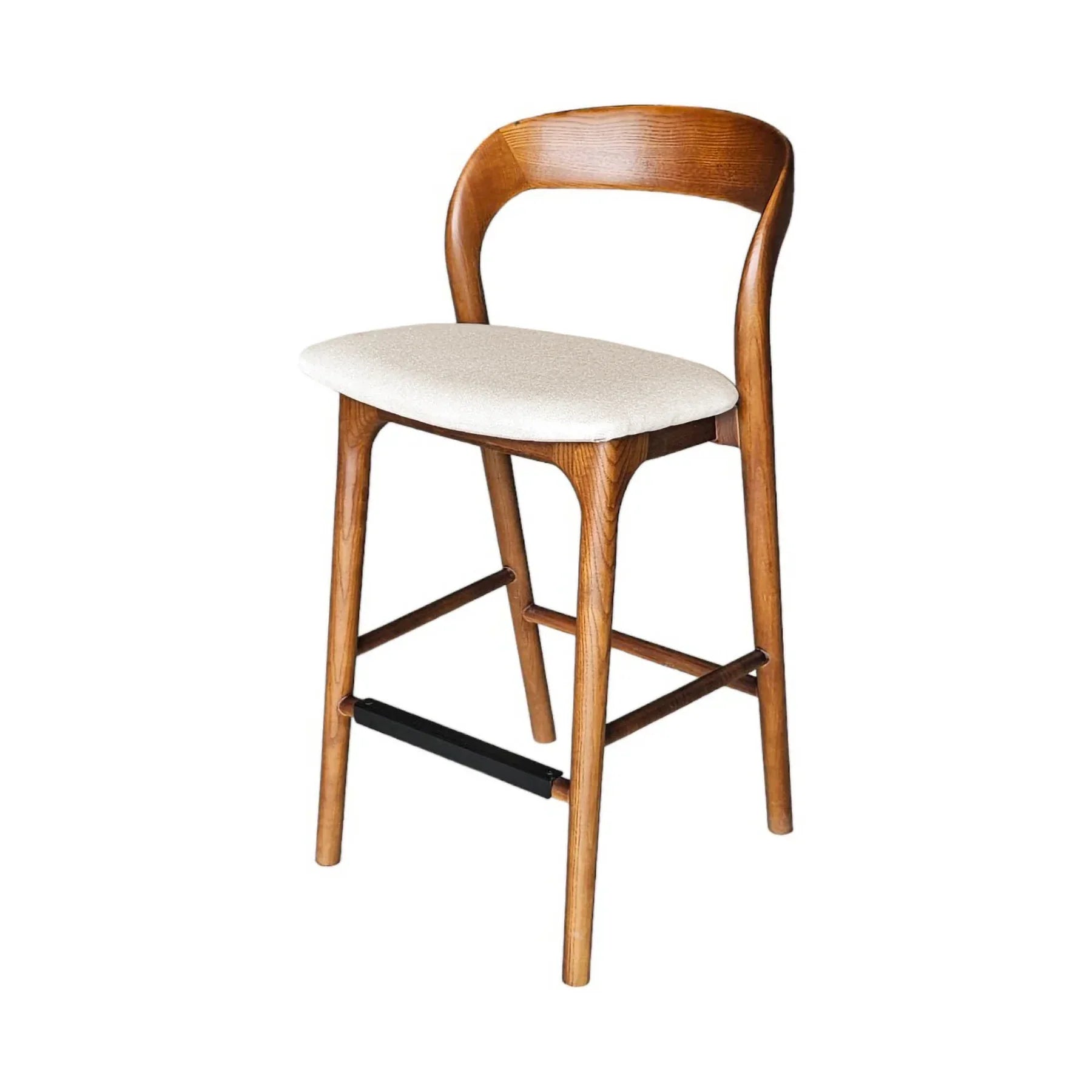 Rotondo counter stool with a curved walnut wood frame and cream upholstered seat