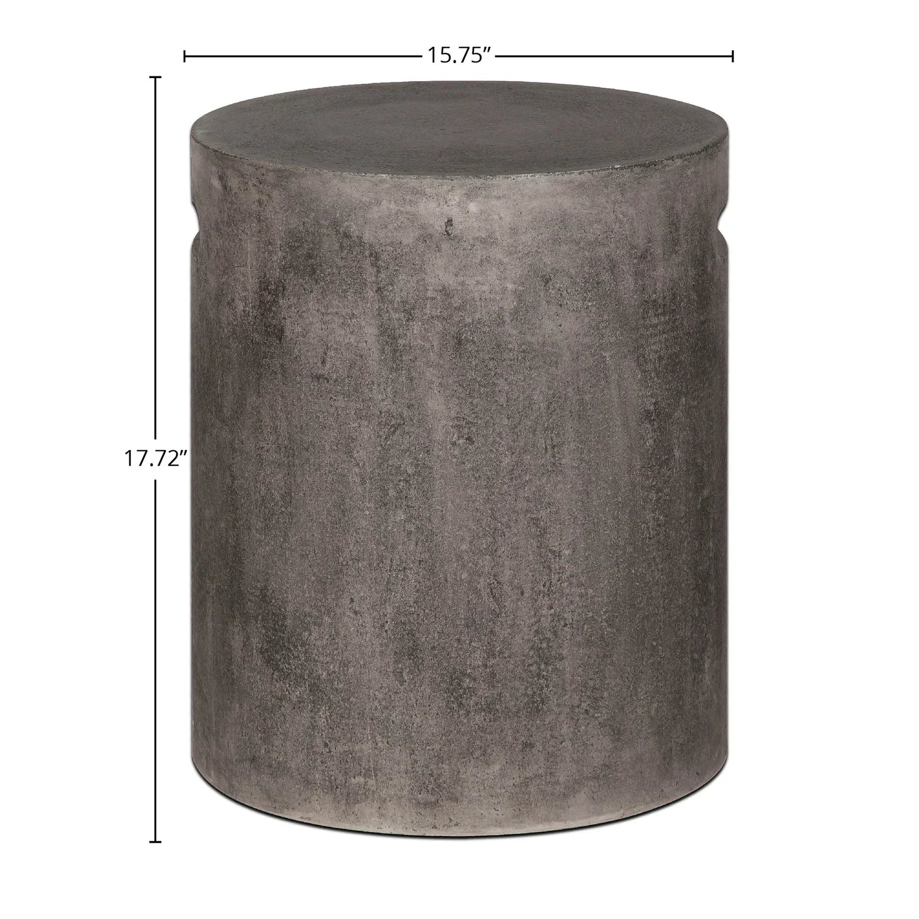Front view of a cylindrical dark grey concrete side table featuring a minimalist drum silhouette and subtle integrated handle notches near the top rim