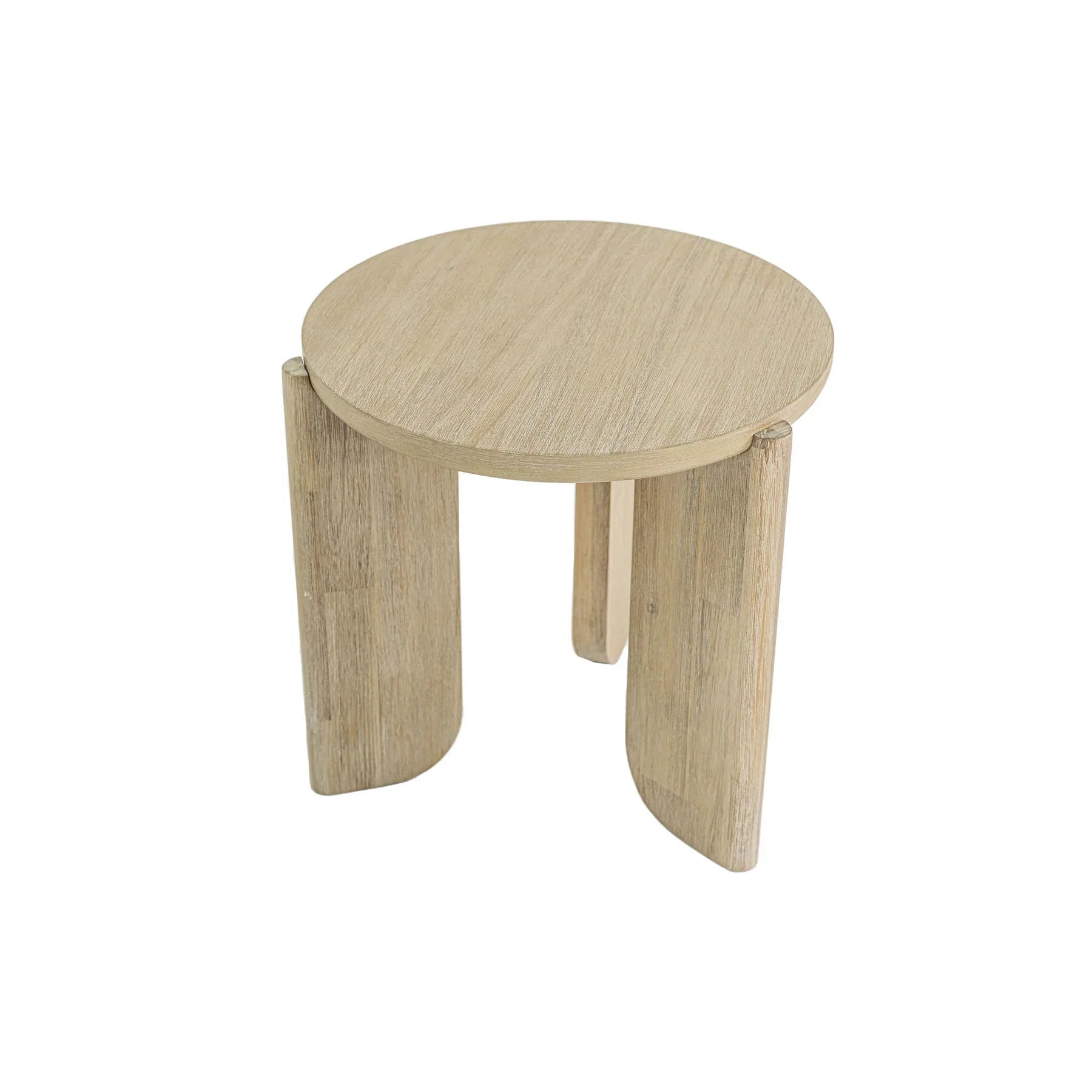 Three-quarter perspective view of the Haru side table featuring a circular top and three unique wide arched legs in a light natural oak finish
