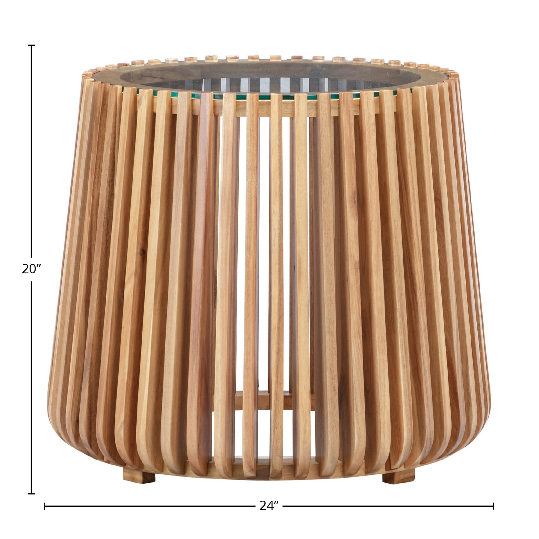 Three-quarter view of the Bungalow side table featuring a round tapered silhouette with vertical natural wood slats and a glass tabletop
