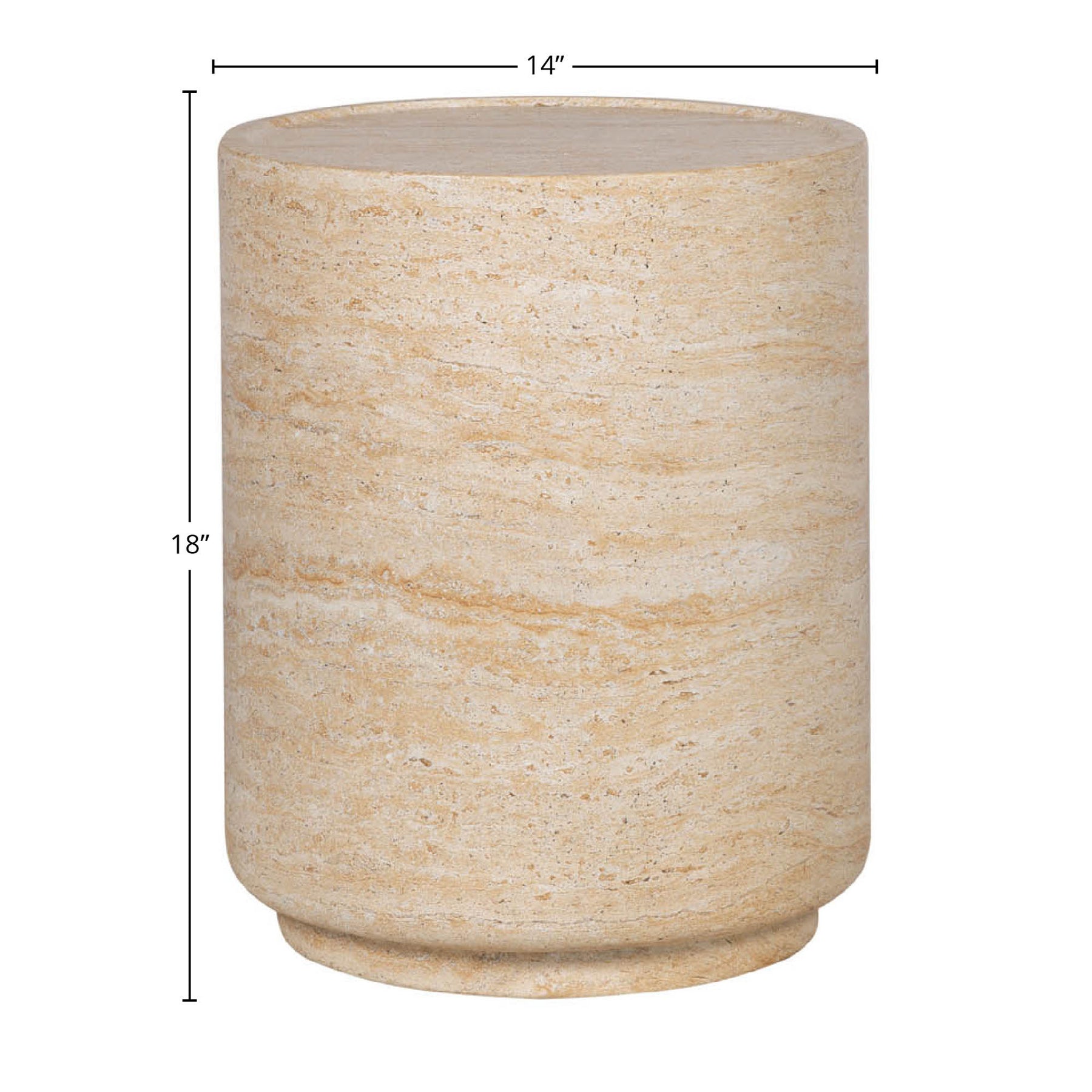 Front view of the Zac side table featuring a solid cylindrical drum silhouette crafted from natural beige travertine stone