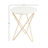 Product view highlighting the 19.6 inch diameter and 21.6 inch height dimensions of the gold and marble accent table