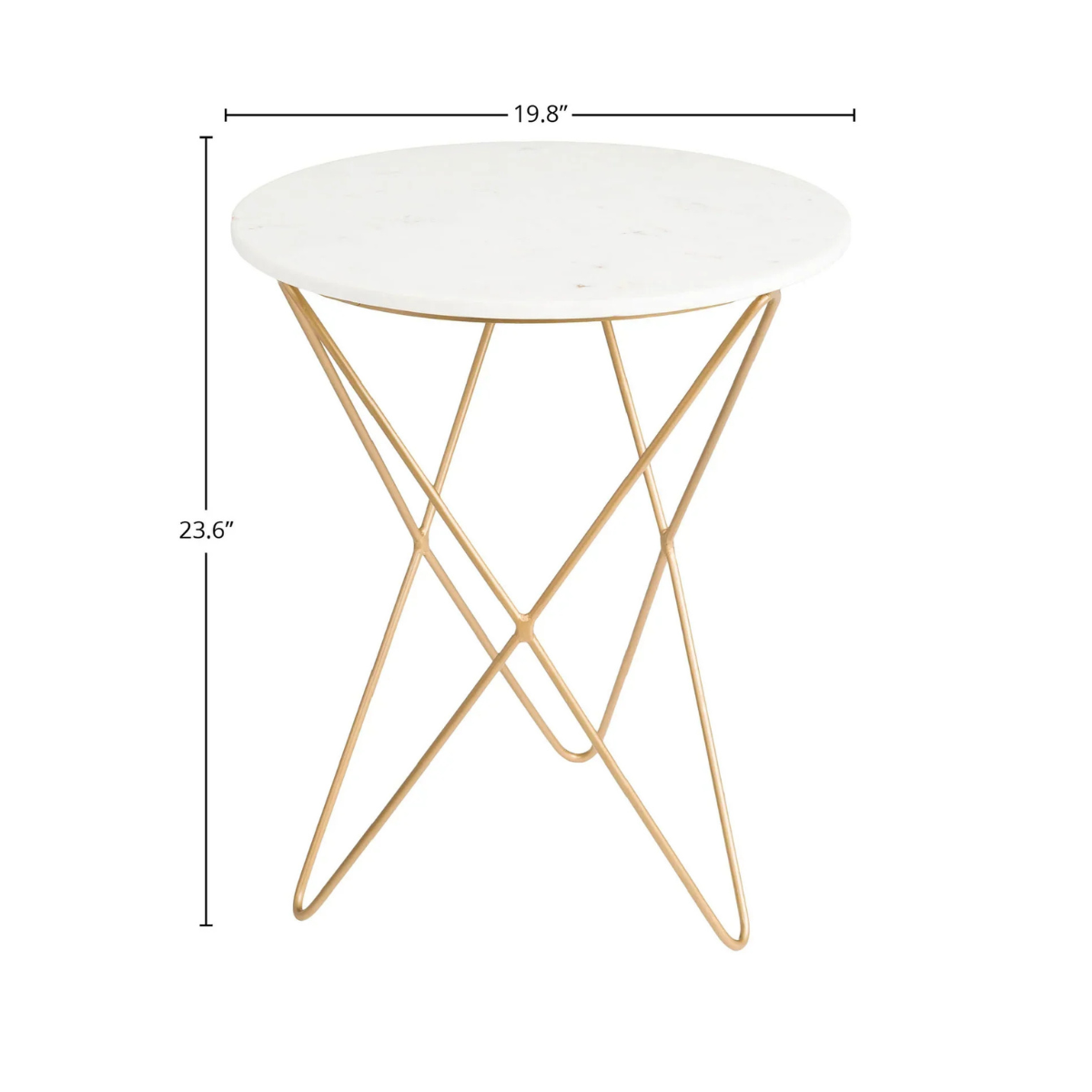 Front view of the Earth Wind and Fire side table featuring a circular white marble top and a sculptural gold-finished geometric wire base