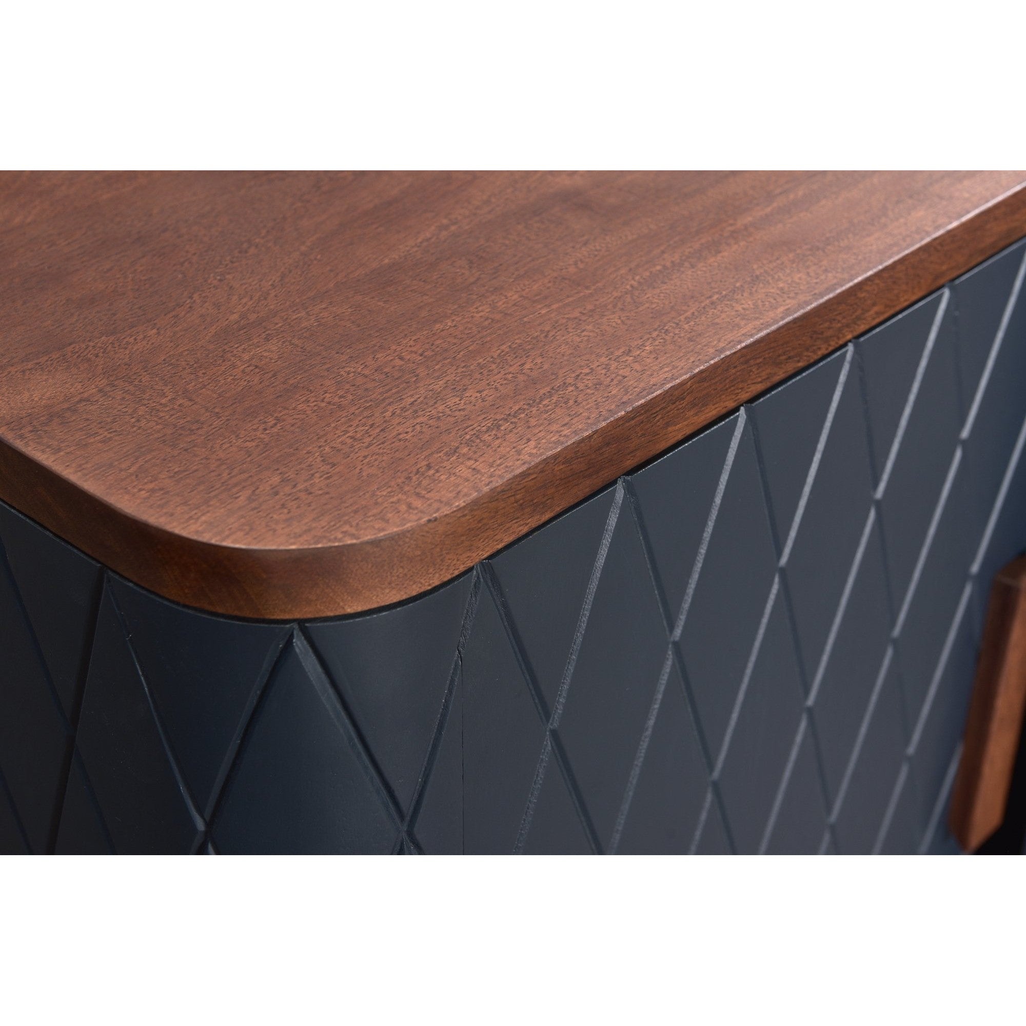 Straight-on front view highlighting the symmetrical diamond texture and the slim, vertical natural wood door pulls