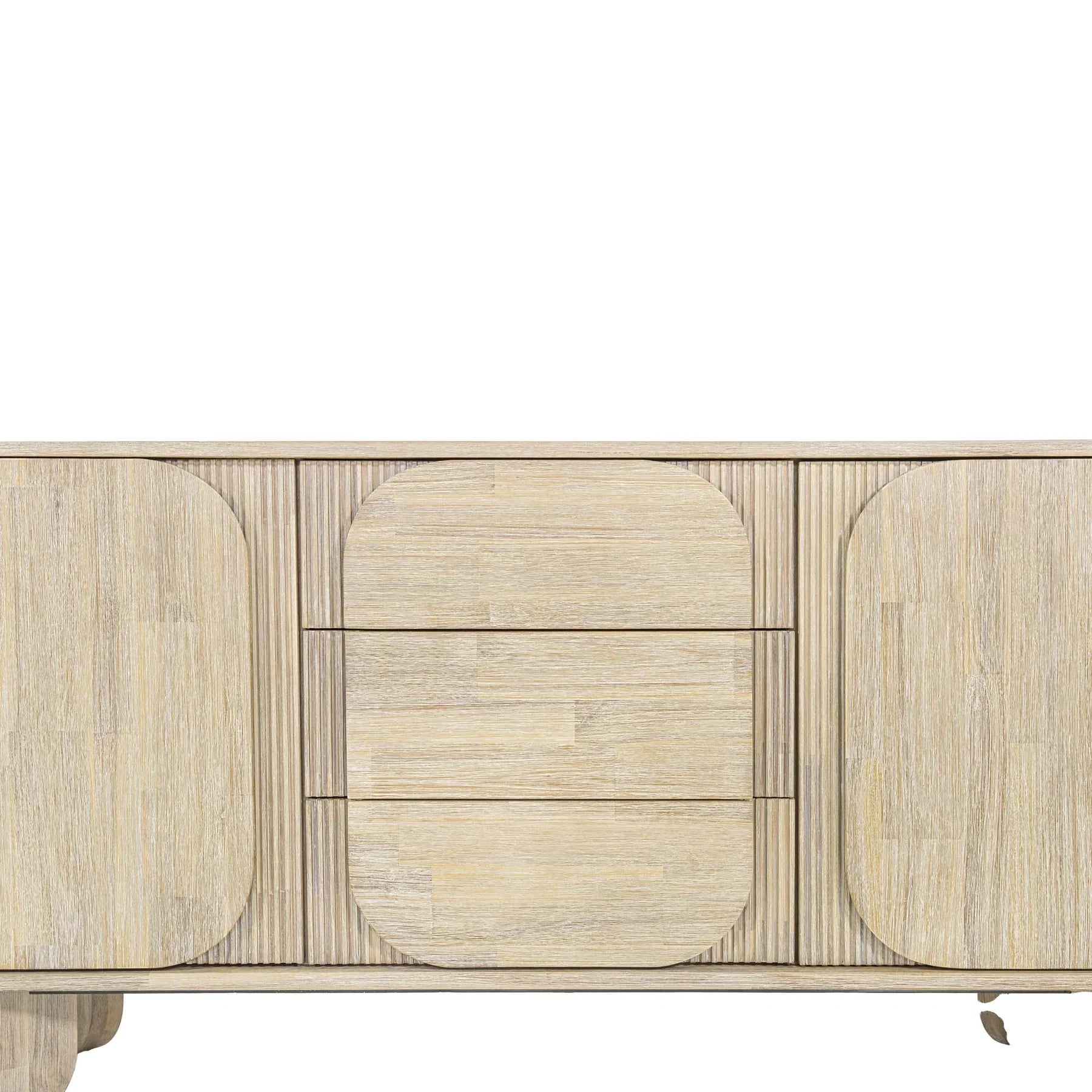 Front perspective view of the Haru sideboard in a light oak finish featuring unique rounded door and drawer panels with a minimalist plinth base