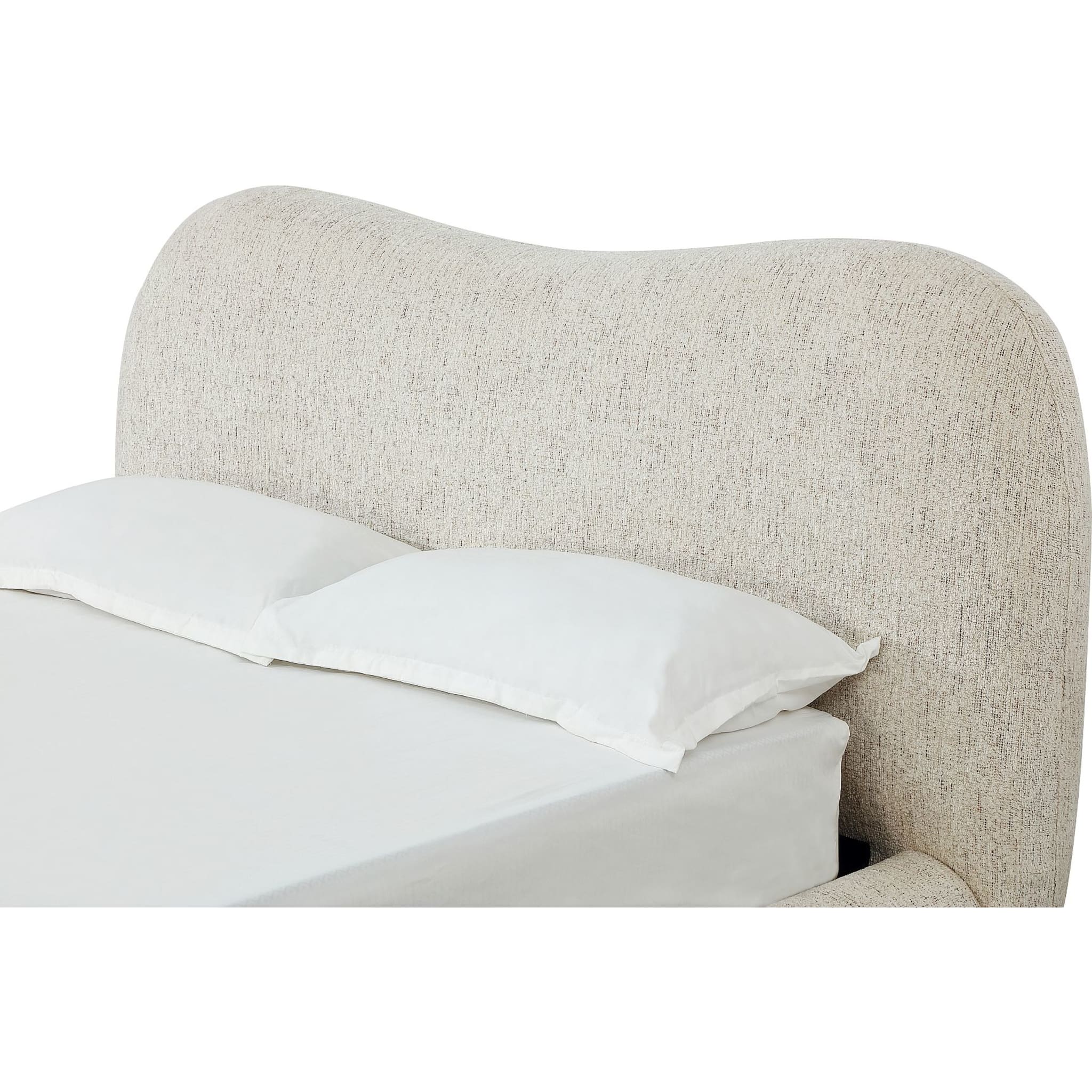 Front view of the Afra upholstered bed featuring a soft cream chenille fabric and a modern wave-shaped rounded headboard