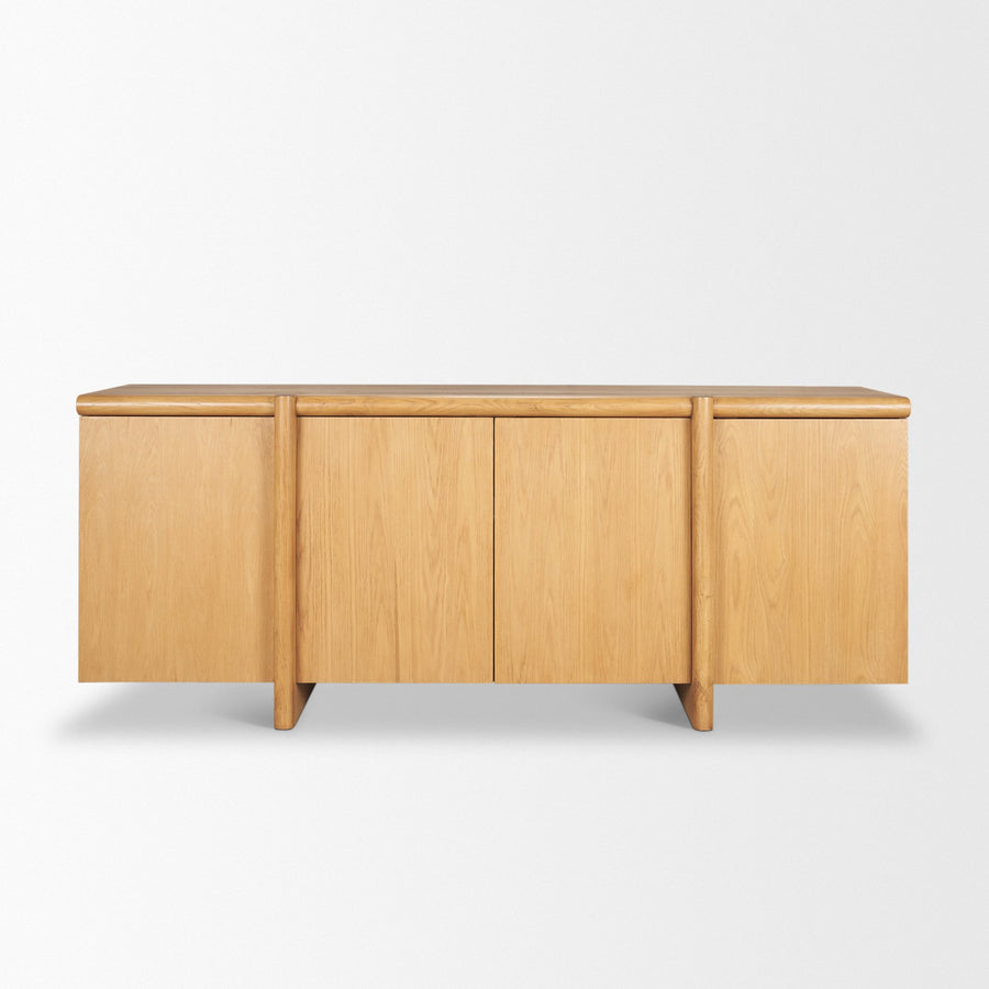 Front view of the Rowan 4-door sideboard in a natural oak finish featuring a clean minimalist silhouette and integrated vertical wood handles