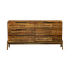 Front view of the Remix 6-drawer double dresser in a warm natural wood finish featuring horizontal planked detailing and slim black metal bar handles