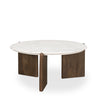 Three-quarter perspective highlighting the thin marble surface and the architectural dark wood pedestal base