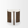 Alternate angle view showcasing the architectural intersection where the dark wood legs meet the white marble surface