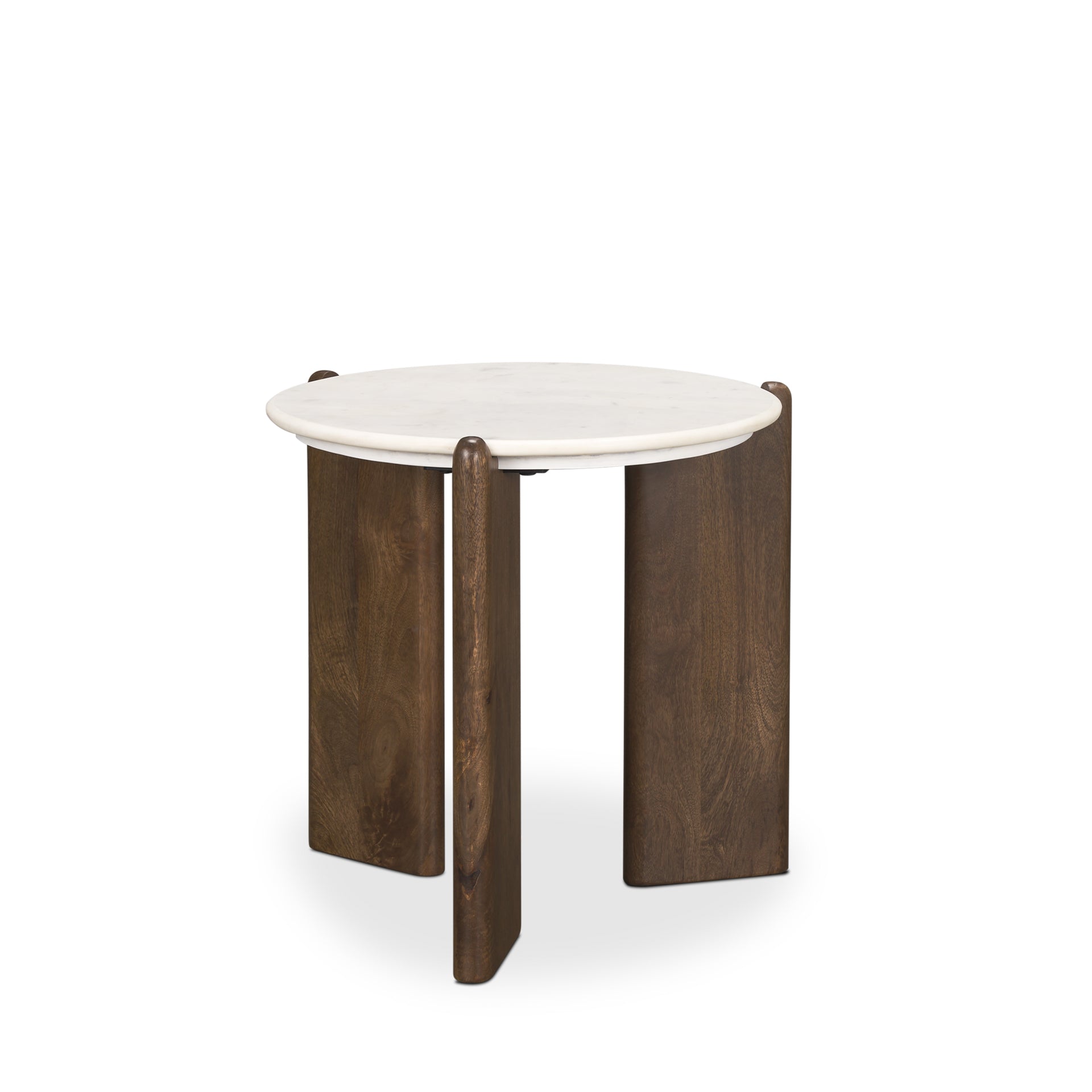 Perspective shot highlighting the unique tripod leg arrangement and the slim profile of the white marble tabletop