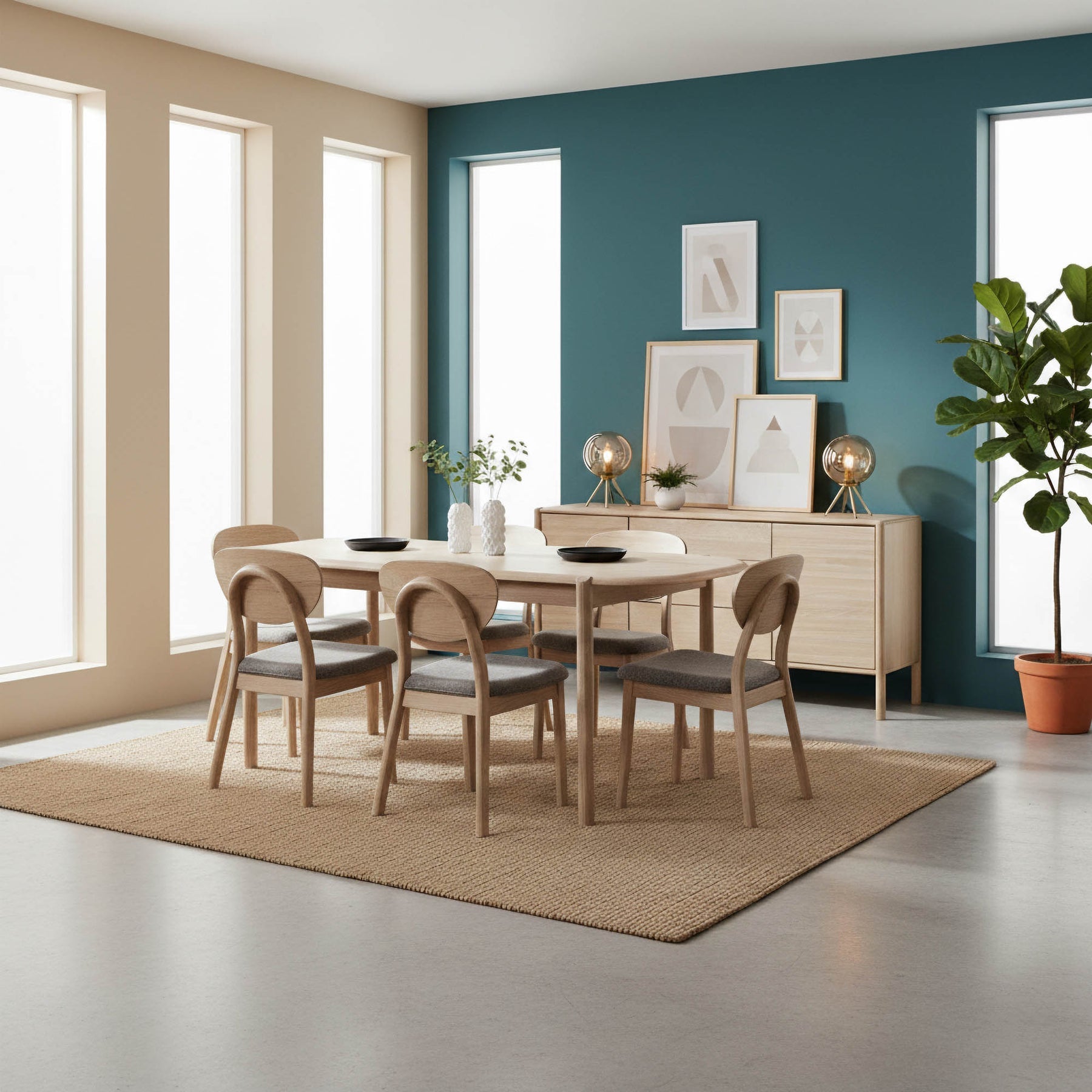 Front view of the Runway 62-inch dining table in a light oak finish featuring rounded edges and a minimalist rectangular silhouette