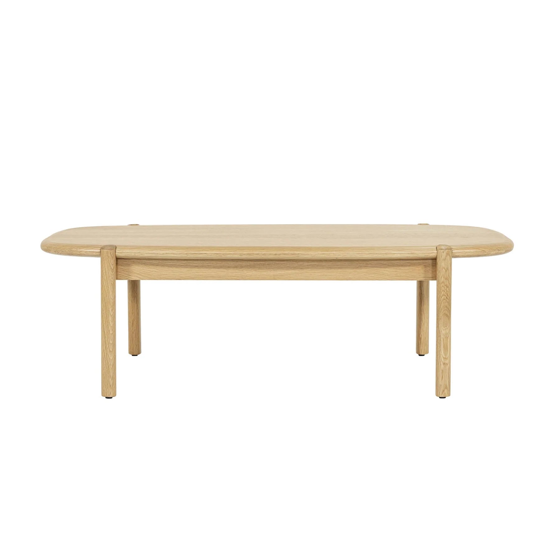 Front view of the Runway coffee table in light oak featuring a thick rectangular top and two substantial block pedestal legs