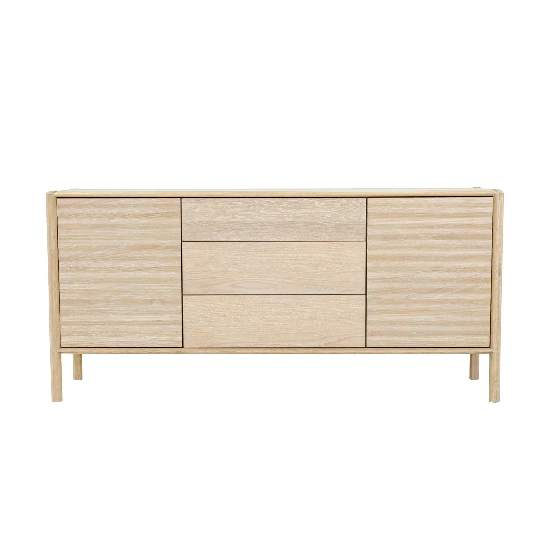 Front view of the Runway light oak sideboard featuring a central 3-drawer stack flanked by two doors with horizontal slotted textures