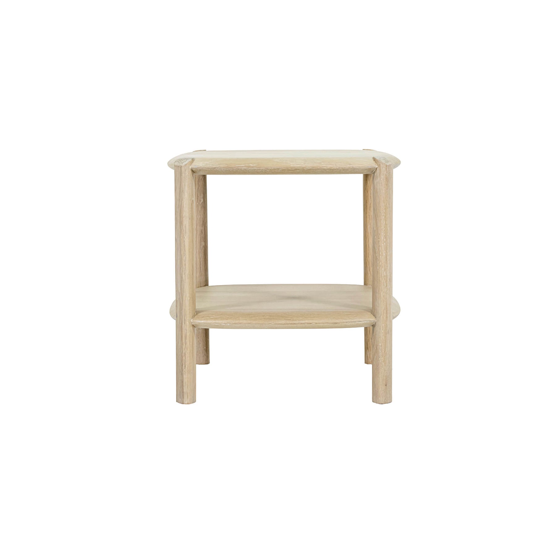 Straight-on front view highlighting the clean architectural lines and slim cylindrical legs of the light wood side table