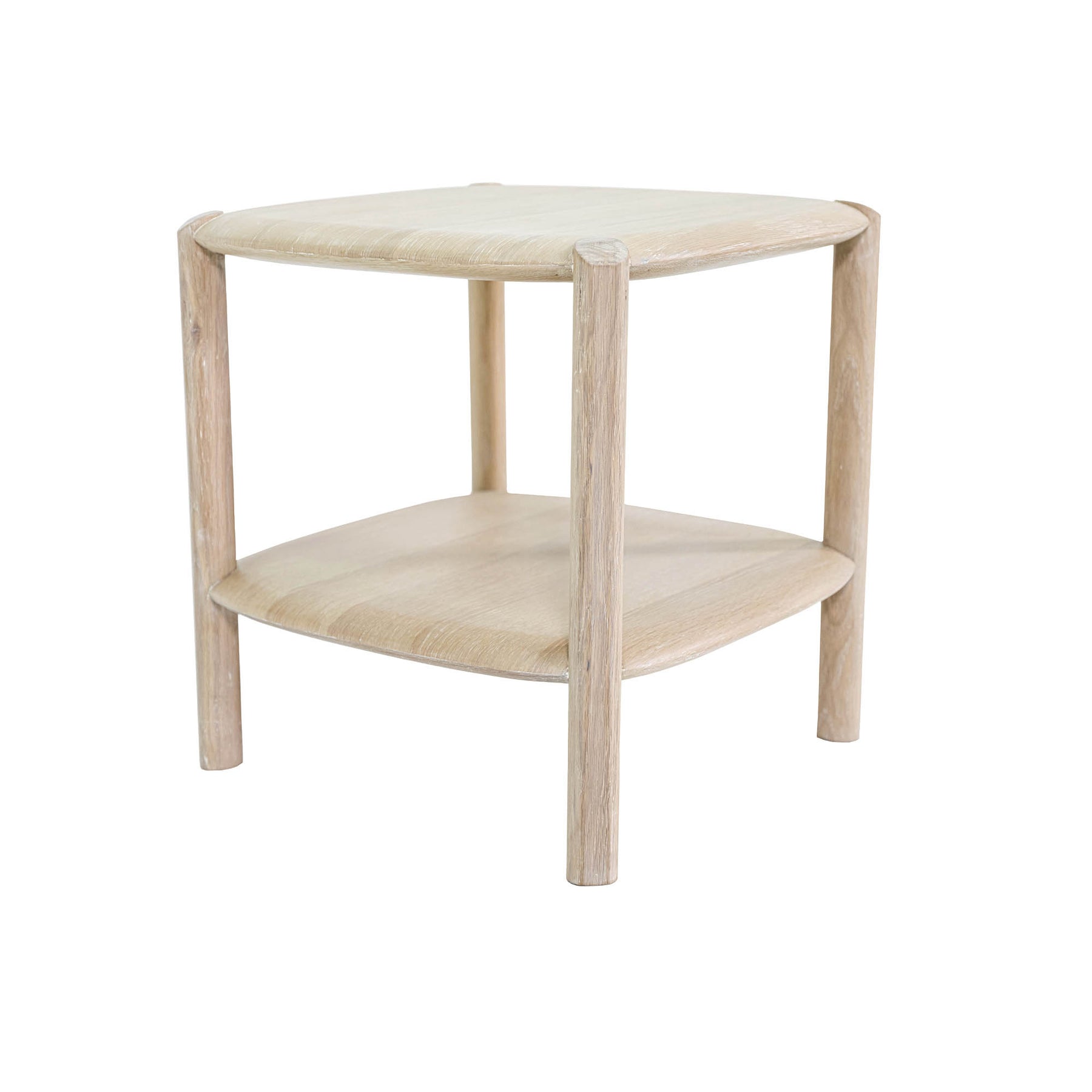 Three-quarter side profile view highlighting the balanced open-shelf design and organic wood texture