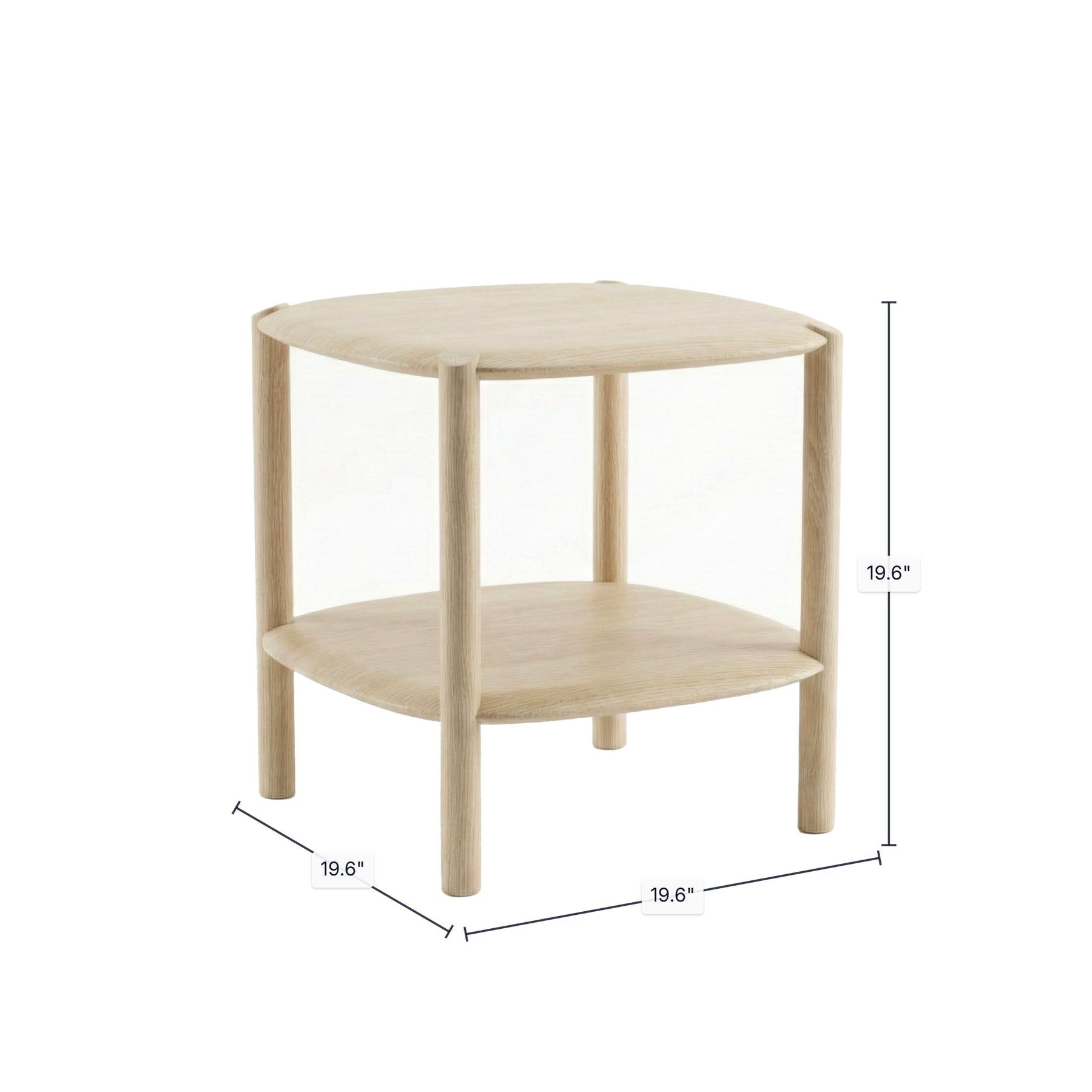 Product diagram showing the square proportions and height measurements of the two-tier natural wood accent table