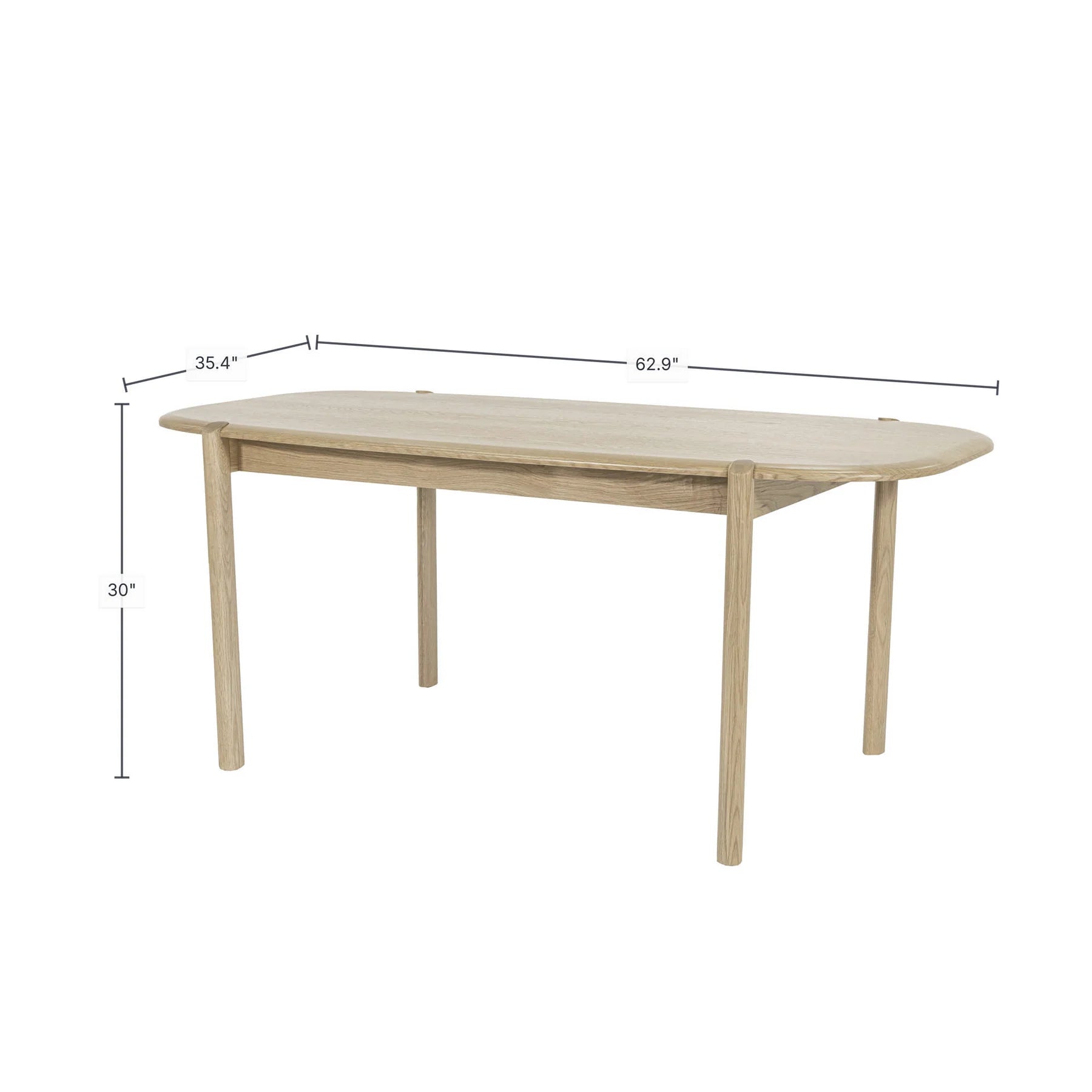 Front view of the Runway 62-inch dining table in a light oak finish featuring rounded edges and a minimalist rectangular silhouette