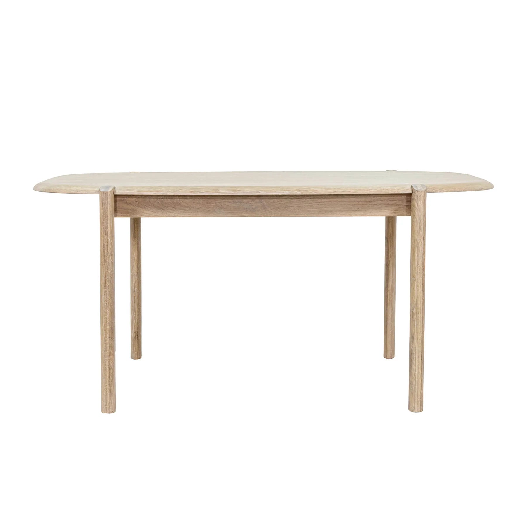 Front view of the Runway 62-inch dining table in a light oak finish featuring rounded edges and a minimalist rectangular silhouette
