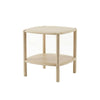 Front perspective view of the Runway side table featuring a light natural wood finish with a square top and matching lower shelf