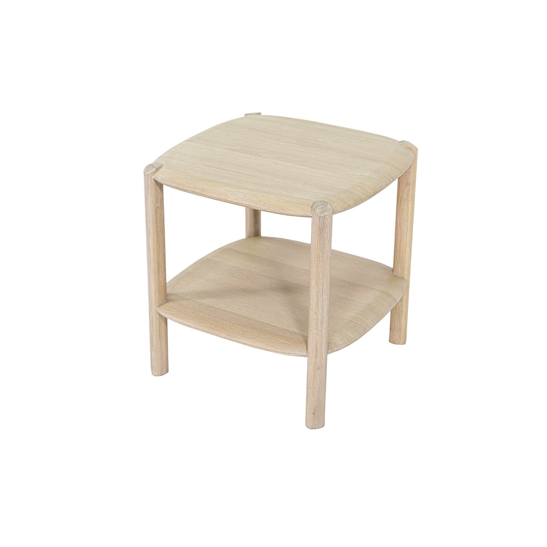 Perspective shot from above showcasing the smooth wood grain on both the tabletop and the functional lower storage shelf