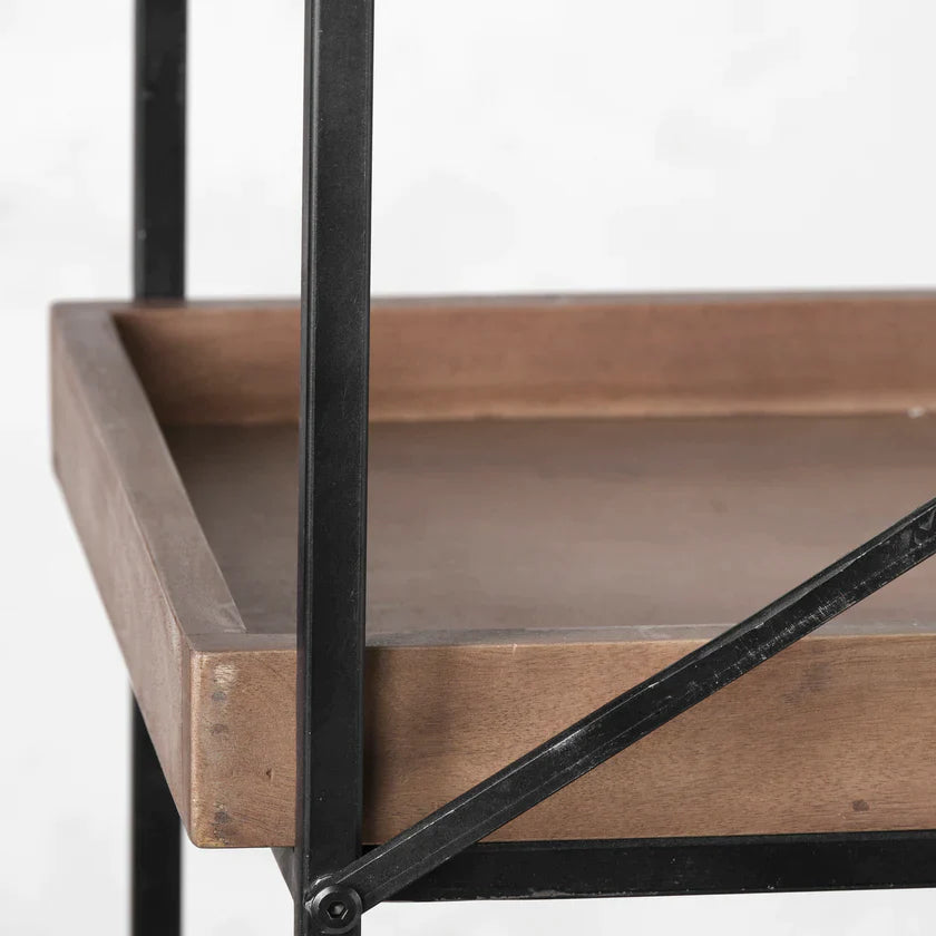 Perspective view of the Trey IV double-wide shelving unit featuring five tiers of rustic wood trays on a slim black metal frame