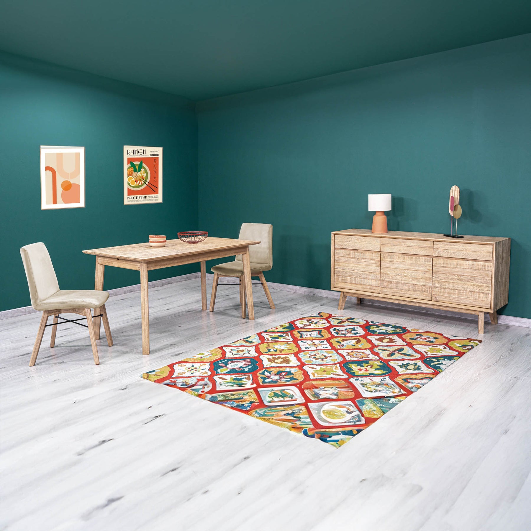 Front perspective view of the Gia sideboard featuring natural wood construction with horizontal textured paneling and three top drawers