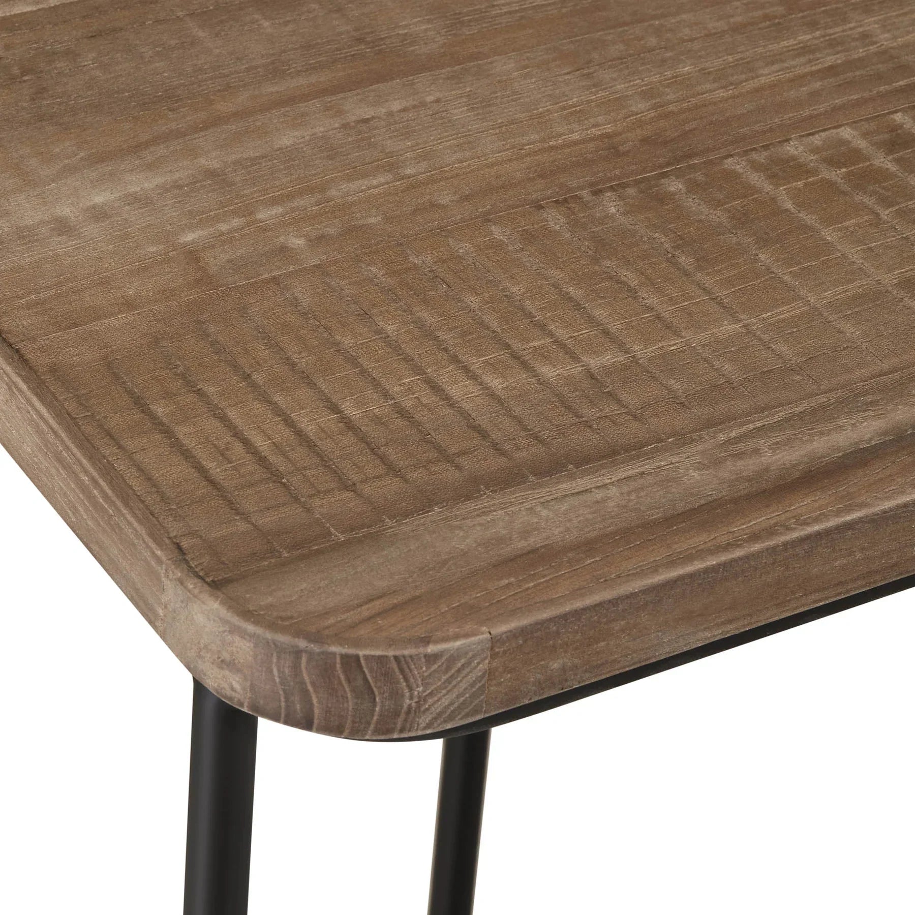 Close-up shot focusing on the textured natural wood grain and rounded corners of the console tabletop