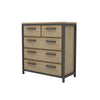 Three-quarter perspective view highlighting the unique wood grain texture and the staggered drawer configuration with slim black metal handles