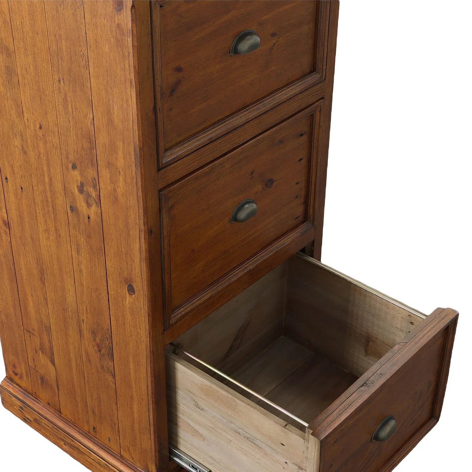 Close-up perspective view focusing on the bottom drawer fully extended to reveal the high-quality wood joinery