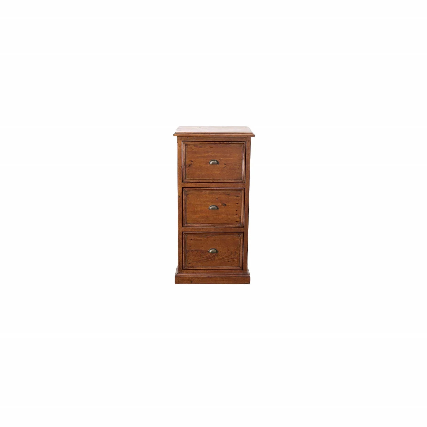 Straight-on front view highlighting the symmetrical drawer layout and traditional plinth base