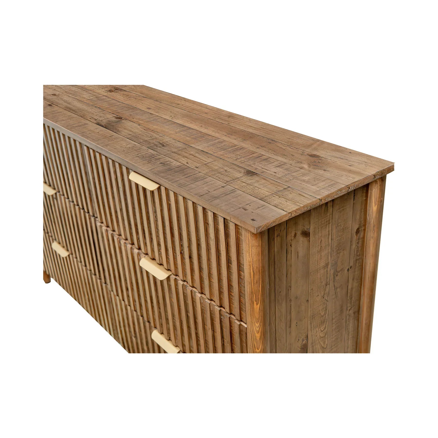 Front view of the Britanica double dresser featuring a warm reclaimed wood finish, vertical fluted drawer fronts, and sleek horizontal gold handles