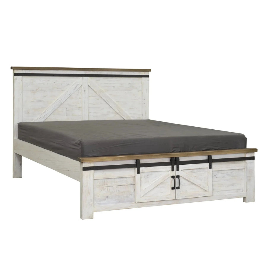 Three-quarter perspective view showcasing the contrast between the distressed white frame and the dark natural wood top rails