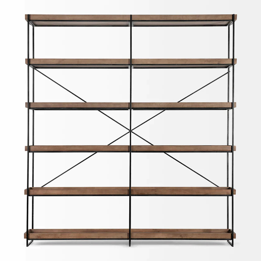 Perspective view of the Trey IV double-wide shelving unit featuring five tiers of rustic wood trays on a slim black metal frame