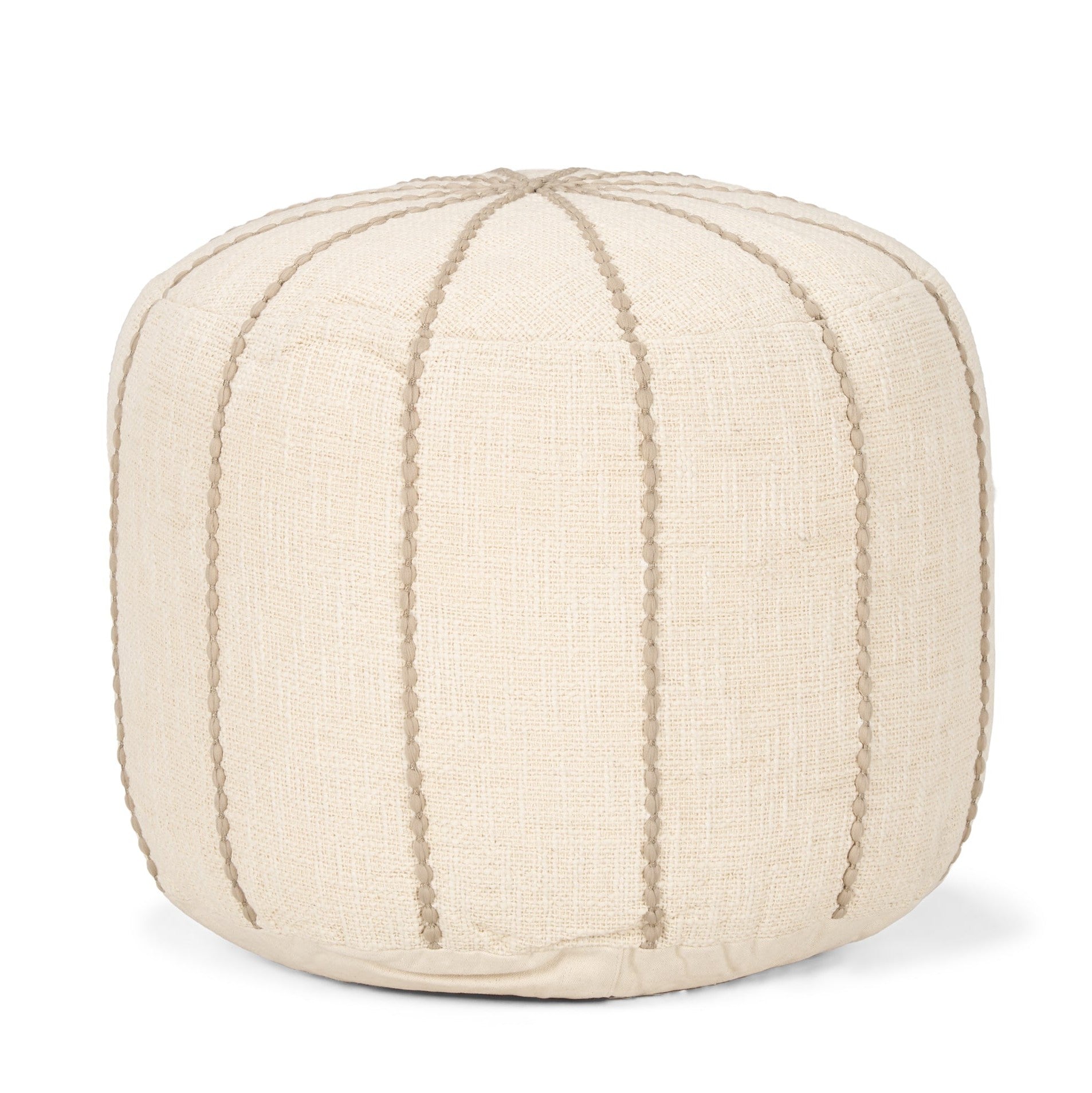 Front view of the Sachi round pouf in beige textured fabric with decorative vertical brown stitching creating a ribbed effect