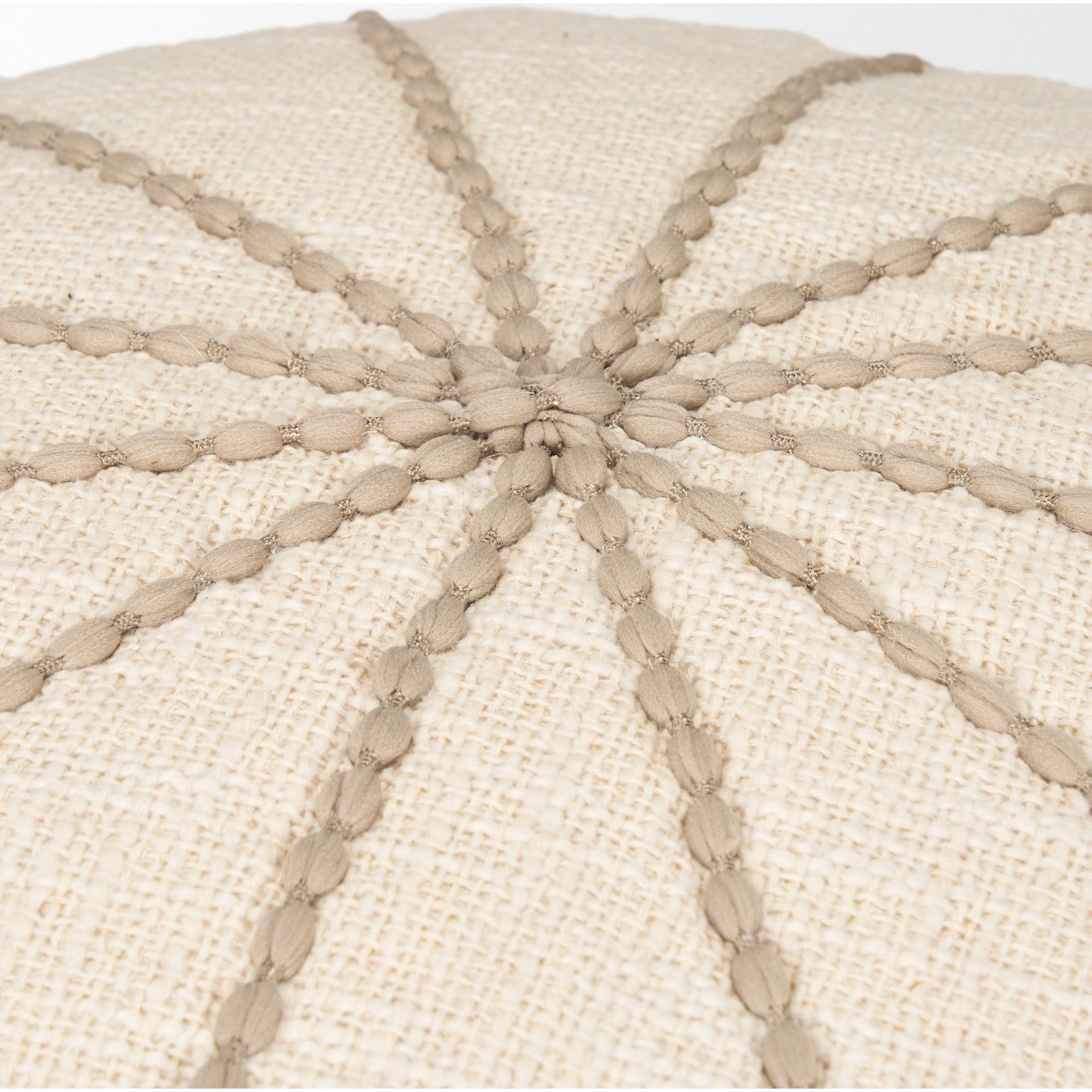 Front view of the Sachi round pouf in beige textured fabric with decorative vertical brown stitching creating a ribbed effect