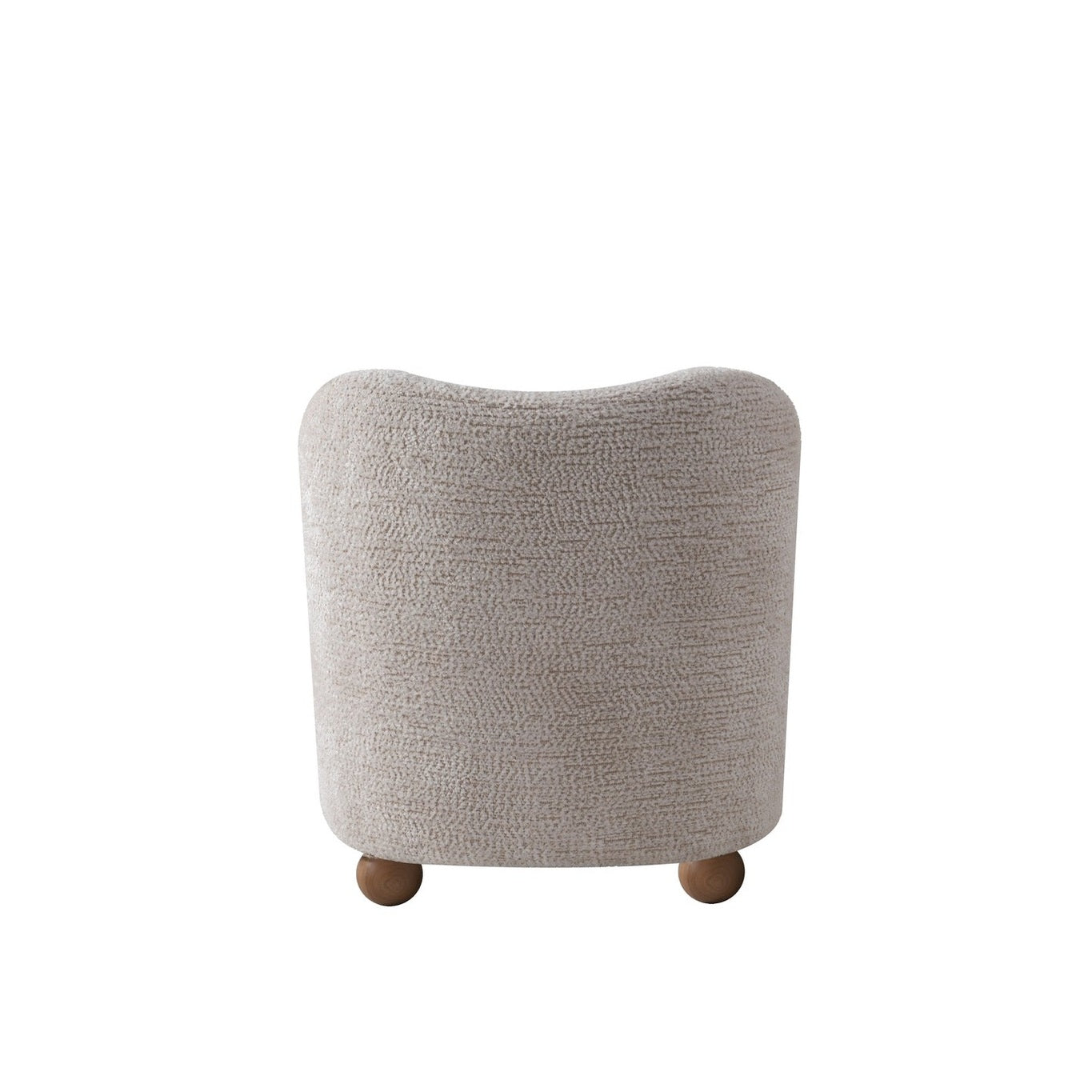 Saga Accent Chair in Oatmeal bouclé fabric featuring a rounded silhouette and wooden ball feet.