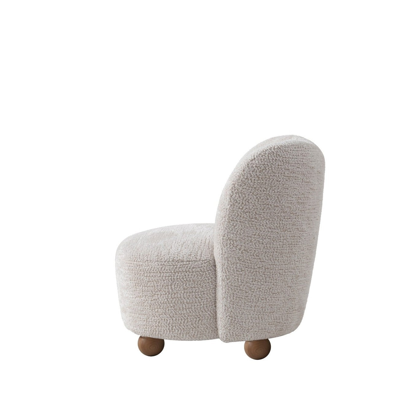 Saga Accent Chair in Oatmeal bouclé fabric featuring a rounded silhouette and wooden ball feet.