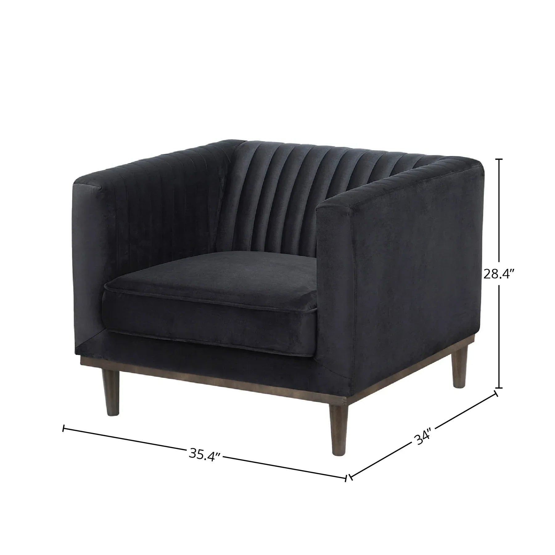 Technical diagram showing height, width, and depth specifications for the Sage black velvet chair