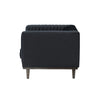 Side profile showcasing the clean vertical lines of the backrest and the elegant lean of the wooden legs