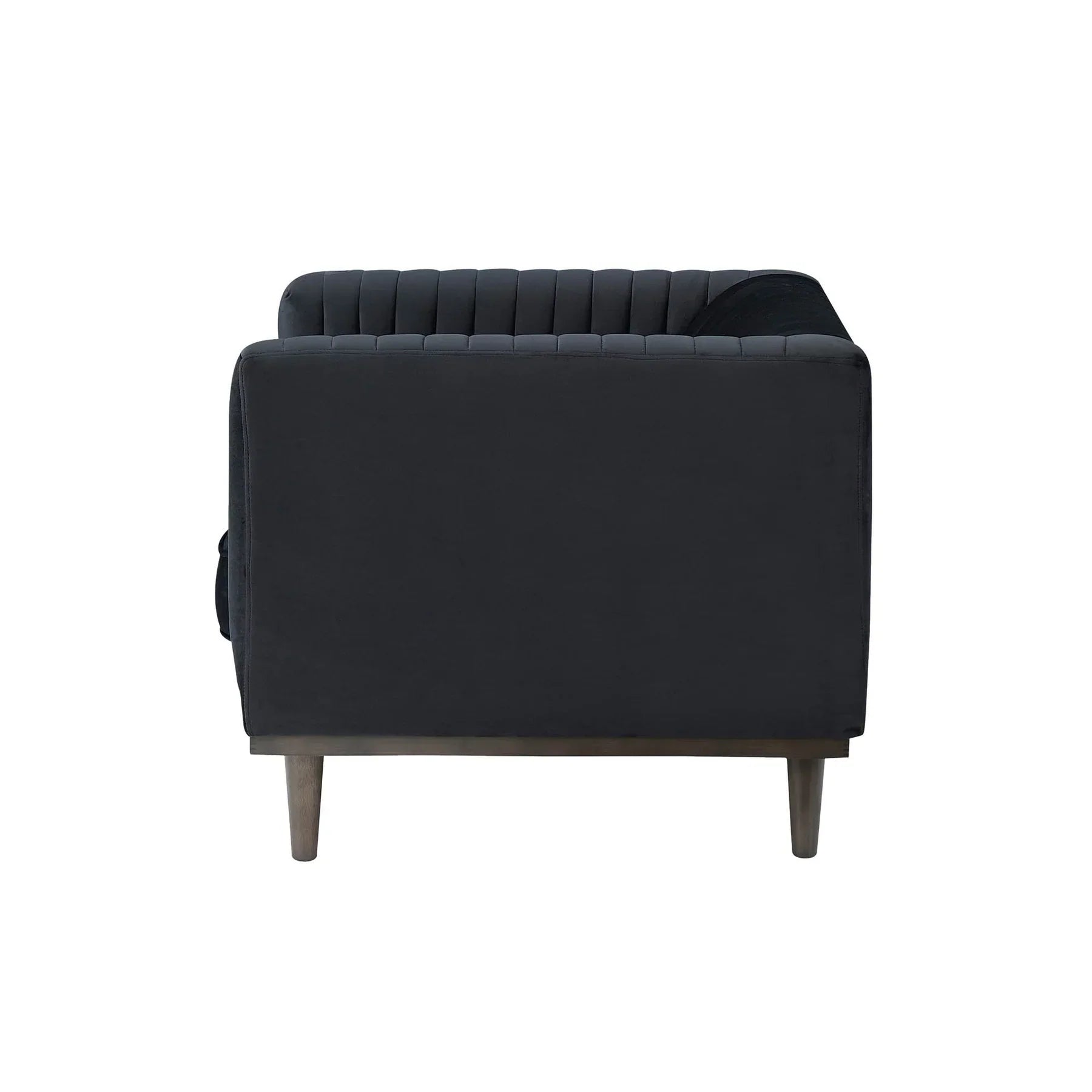 Side profile showcasing the clean vertical lines of the backrest and the elegant lean of the wooden legs