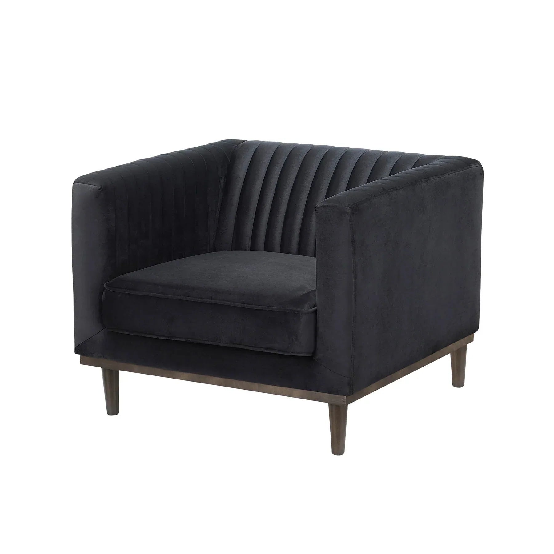 Three-quarter perspective of the Sage chair highlighting the deep seat cushion and structured tuxedo silhouette