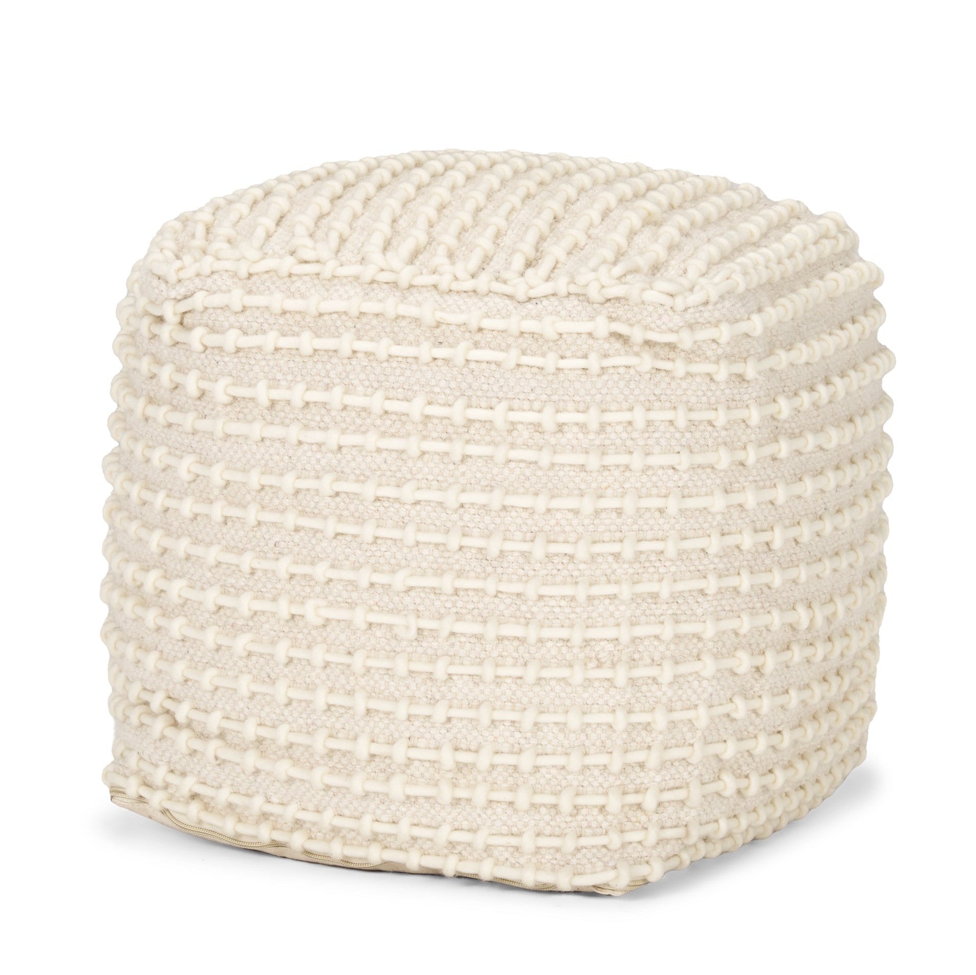 Straight-on front view showing the uniform square silhouette and consistent cream stitching across the beige surface
