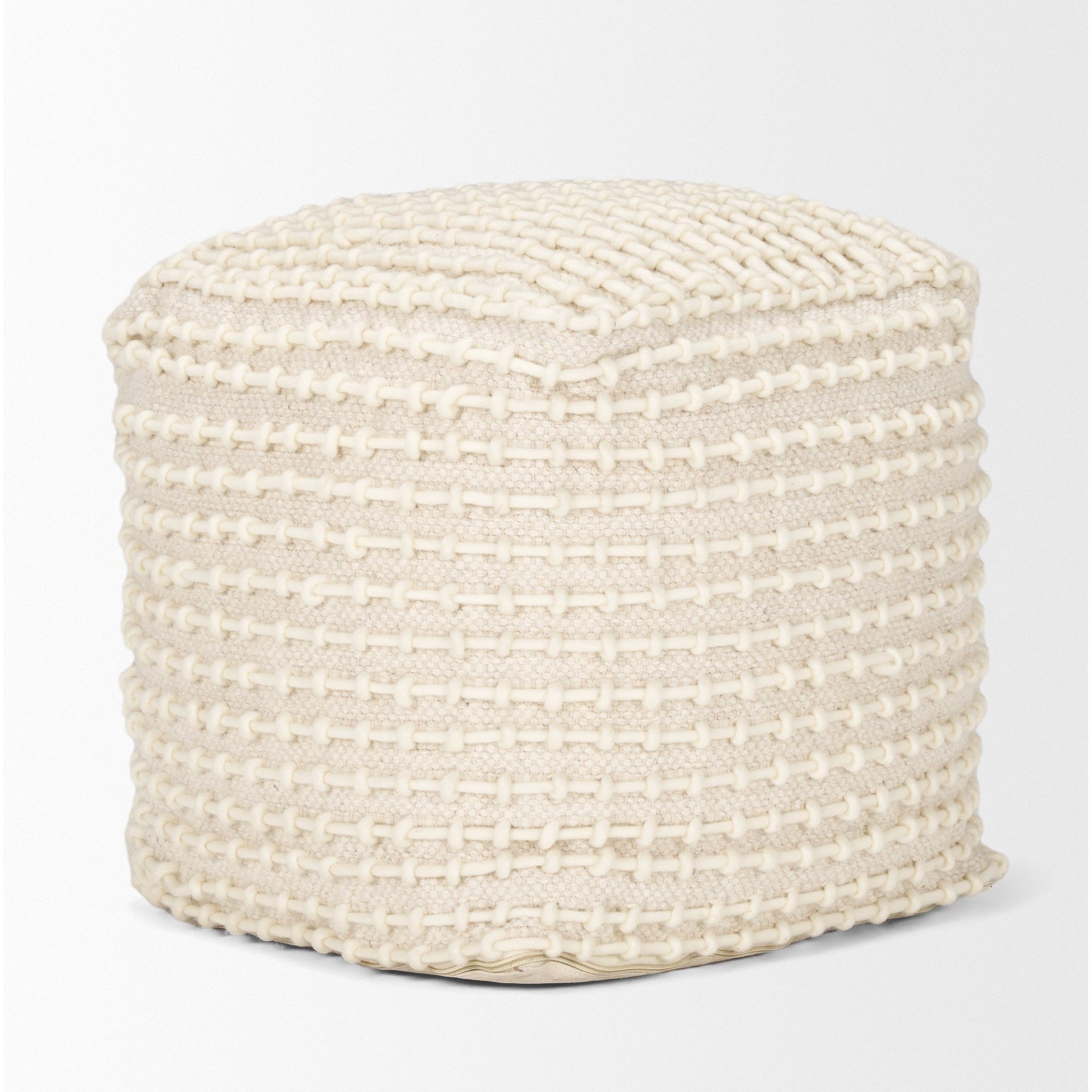 Straight-on front view showing the uniform square silhouette and consistent cream stitching across the beige surface
